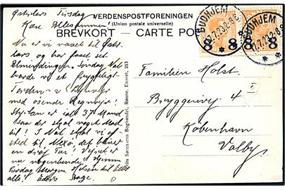 8/7 øre Provisorium i parstykke på overfrankeret brevkort annulleret med brotype IIIb Gudhjem d. 17.7.1923 til Kjøbenhavn.