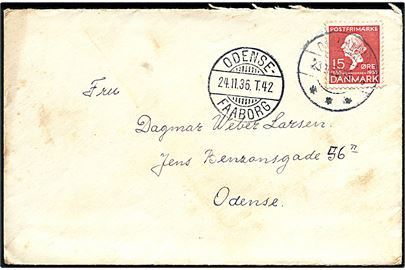 15 øre H. C. Andersen på brev fra Dianalund d. 23.11.1936 til Odense. Transit stemplet med bureaustempel Odense - Faaborg T.42 d. 24.11.1936.