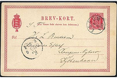 8 øre helsagsbrevkort annulleret med lapidar Esrom d. 8.5.1885 til Kjøbenhavn.