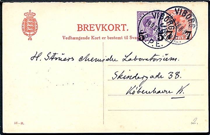 5/15 øre + 7/10 øre spørgedel af provisorisk dobbelt helsagsbrevkort (fabr. 56-H) stemplet brotype IIIb Viborg JB.P.E. d. 14.9.1926 til København.
