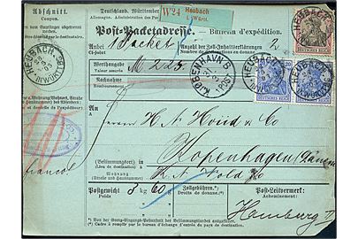 20 pfg. (2) og 50 pfg. Germania på internationalt adressekort for pakke fra Heubach, Württemberg d. 28.3.1903 til Kjøbenhavn, Danmark. Et mærke med hj.skade.