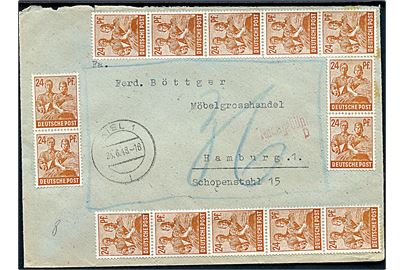 16 pfg. (9) og 24 pfg. (14) ustemplet på for- og bagside af forsent afsendt Zehnfach-brev fra Kiel d. 25.6.1948 til Hamburg. Udtakseret i 36 pfg. porto. Zehnfach i Vest-zonen var kun gyldig i dagene 21.-22.6.1948.