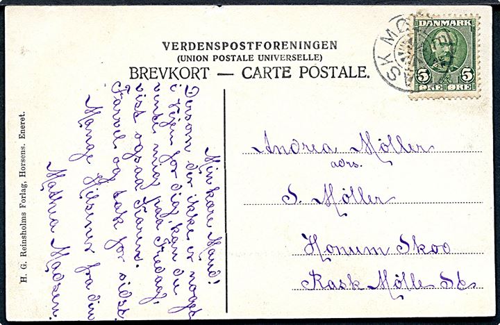 5 øre Fr. VIII på brevkort (Udsigt over Boring) annulleret med stjernestempel RASK MØLLE til Hornom Skov pr. Rask Mølle St.