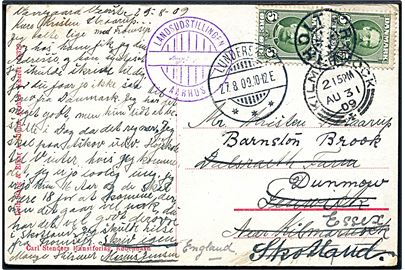 5 øre Fr. VIII i parstykke på brevkort (Landsudstillingen i Aarhus) annulleret med stjernestempel RAVNHOLT og sidestemplet Lunderskov d. 27.8.1909 til Kilmarrock, Scotland - eftersendt til England.