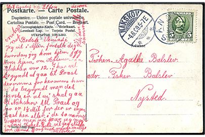 5 øre Fr. VIII på brevkort annulleret med stjernestempel SANDBY og sidestemplet Nakskov d. 4.6.1909 til Nysted.