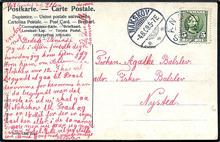 5 øre Fr. VIII på brevkort annulleret med stjernestempel SANDBY og sidestemplet Nakskov d. 4.6.1909 til Nysted.
