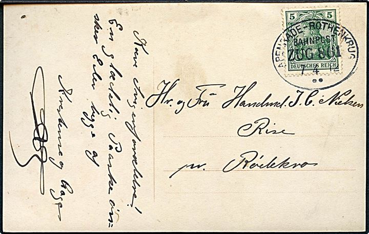 5 pfg. Germania på påskekort annulleret med bureaustempel Apenrade - Rothenkrug Bahnpost Zug 861 d. 7.4.1912 til Rise pr. Rødekro.