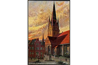 Tyskland. Flensburg, St. Nikolaikirche und Bismarckdenkmal. Raphael Tuck & Sons Oilette serie Flensburg no. 665 B. 