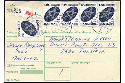 160 øre Københavns Universitet (5) på adressekort for pakke fra Ålborg d. 13.10.1980 til Taastrup.