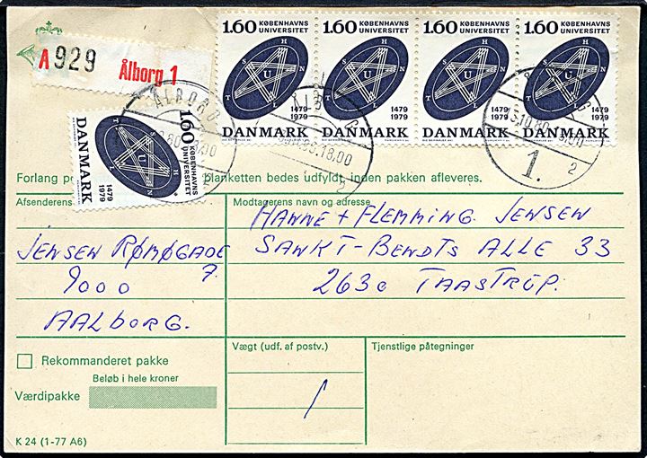160 øre Københavns Universitet (5) på adressekort for pakke fra Ålborg d. 13.10.1980 til Taastrup.