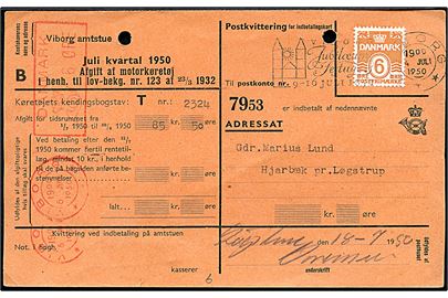 6 øre Bølgelinie annulleret med TMS Viborg Jubilæums Festuge 9-16 Juli 1950/Viborg d. 4.7.1950 og 6 øre posthusfranko på mystisk dobbeltfrankeret indbetalingskort til Hjarbæk pr. Løgstrup. 2 arkivhuller.