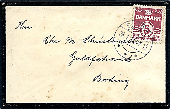 5 øre Bølgelinie på lille sørgekuvert sendt som lokal tryksag i Bording d. 26.1.1941.