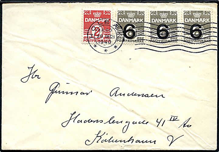 2 øre Bølgelinie og 6/8 øre Provisorium (3) på brev fra Holbæk d. 29.12.1940 til København.