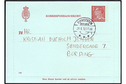 60 øre Fr. IX helsagskorrespondancekort (fabr. 119) med fuld rand annulleret med brotype IId Flyvestation Værløse sn1 d. 26.6.1972 til Bording.
