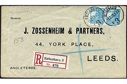 25 øre Karavel i parstykke på anbefalet brev fra Kjøbenhavn d. 13.2.1928 til Leeds, England.
