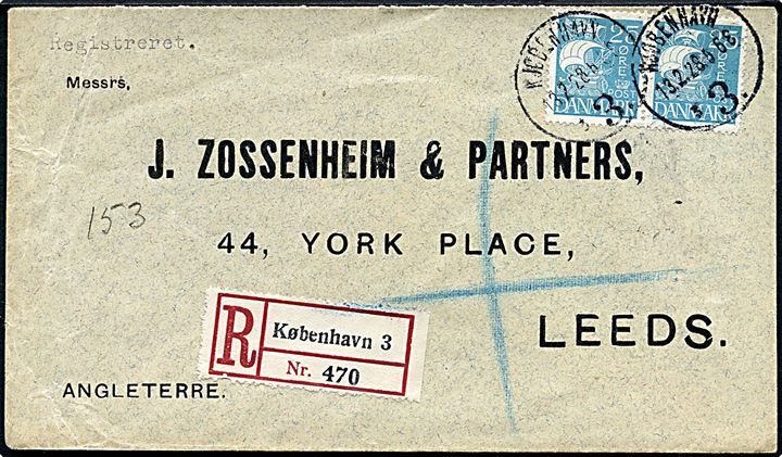 25 øre Karavel i parstykke på anbefalet brev fra Kjøbenhavn d. 13.2.1928 til Leeds, England.