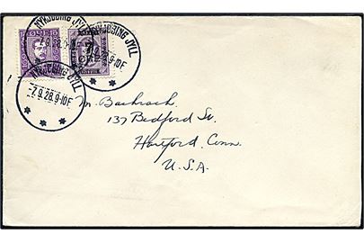15 øre Chr. X Postjubilæum og 7/15 øre Provisorium på brev fra Nykjøbing Jyll d. 7.9.1928 til Hartford, USA.