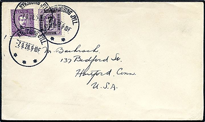 15 øre Chr. X Postjubilæum og 7/15 øre Provisorium på brev fra Nykjøbing Jyll d. 7.9.1928 til Hartford, USA.