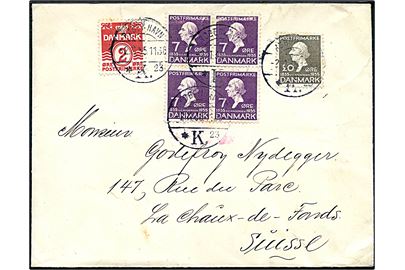 2 øre Bølgelinie, 7 øre (fireblok) og 20 øre H.C.Andersen udg. på brev fra København d. 2.11.1935 til La Chaux-de-Fonds, Schweiz. Mærker med skrammer.
