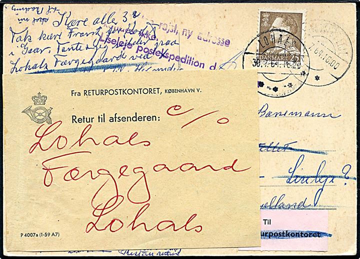 25 øre Fr. IX på brevkort (Badepensionen Færgegaarden, Lohals) fra Lohals d. 30.7.1964 til Strandhotellet Tisvilde. Forsøgt i Liseleje, men ubekendt og retur via Returpostkontoret til Lohals.