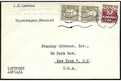 5 øre Bølgelinie og 50 øre Chr. X i parstykke på brev fra den amerikanske legation i København d. 12.10.1946 til New York, USA.