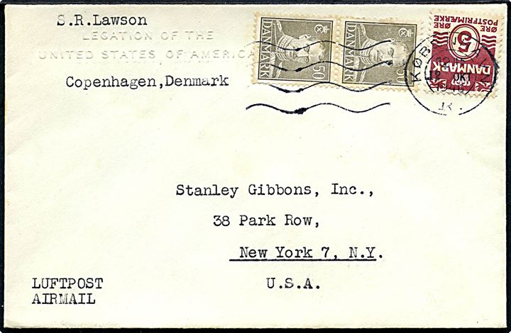 5 øre Bølgelinie og 50 øre Chr. X i parstykke på brev fra den amerikanske legation i København d. 12.10.1946 til New York, USA.