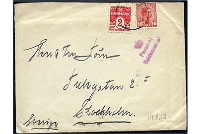 2 øre Bølgelinie og 10 øre Chr. X (rundt hjørne) på 12 øre frankeret brev fra Kjøbenhavn d. 14.8.1918 til Stockholm, Sverige. Rødligt stempel: (krone) Passeret Toldvæsenet.