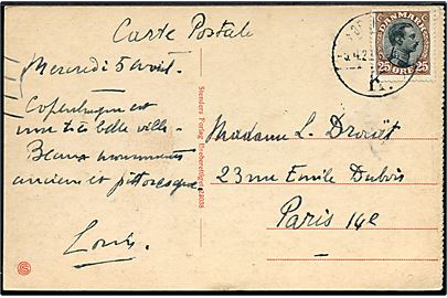 25 øre Chr. X single på brevkort fra Kjøbenhavn d. 5.4.1922 til Paris, Frankrig.