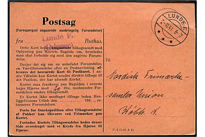 Postsag (Forespørgsel angaaende uanbringelig forsendelse) - formular P.8 (1-40 A6) - stemplet Lunde F. d. 2.10.1941 til København. Violet kontorstempel Lunde F. (Odense).