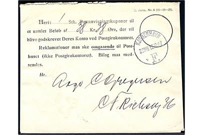 Kuvert til Postanvisningskuponer - S. Form. Nr. 8 (19-11-25) - stemplet Kjøbenhavn F. d. 12.10.1927.