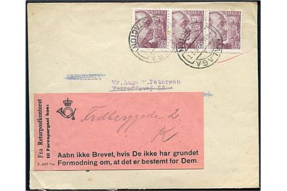 25 pts. Franco (3) på brev fra Malaga d. 6.5.1946 til København, Danmark. Ubekendt efter adresse og forespurgt med etiket fra Returpostkontoret P.4007 11/36.