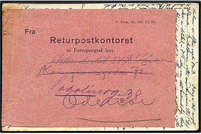 15 øre Chr. X helsagsbrevkort (fabr. 79-H) opfrankeret med 5 øre Bølgelinie fra Odense d. 25.4.1926 til hotel i Paris, Frankrig. Returneret via Returpostkontoret med etiket P. Form. Nr. 4007 (7/1 24).