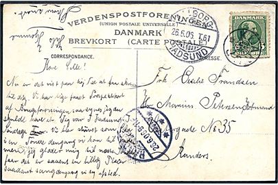 5 øre Chr. IX på brevkort (Romdrup Brugsforening) annulleret med stjernestempel KLARUP og sidestemplet med bureaustempel Aalborg - Hadsund T.61 d. 26.6.1906 til Randers.
