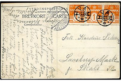 1 øre Bølgelinie i 3-stribe på lokalt brevkort annulleret med stjernestempel HVAM og sidestemplet bureau Viborg - Aalestrup T.1148 i 1907 til Skals.