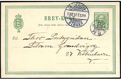 5 øre Fr. VIII helsagsbrevkort annulleret med stjernestempel HJERM og sidestemplet bureau Fredericia - Struer T.1014 d. 13.12.1907 til København.