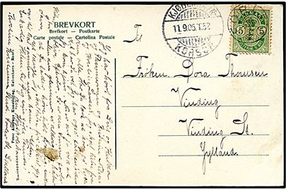 5 øre Våben på brevkort annulleret med stjernestempel FORLEV og sidestemplet bureau Kjøbenhavn - Korsør T.52 d. 11.9.1905 til Vinding.