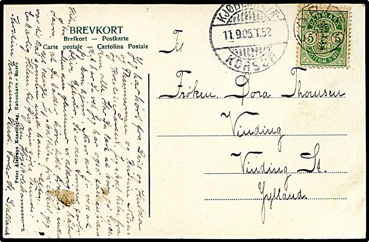 5 øre Våben på brevkort annulleret med stjernestempel FORLEV og sidestemplet bureau Kjøbenhavn - Korsør T.52 d. 11.9.1905 til Vinding.