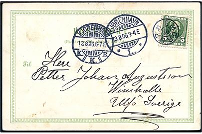 5 øre Chr. IX på brevkort (Hilsen fra Kjøbenhavn) annulleret med stjernestempel EMDRUP og sidestemplet Kjøbenhavn L. d. 13.8.1906 til Ulfö, Sverige.