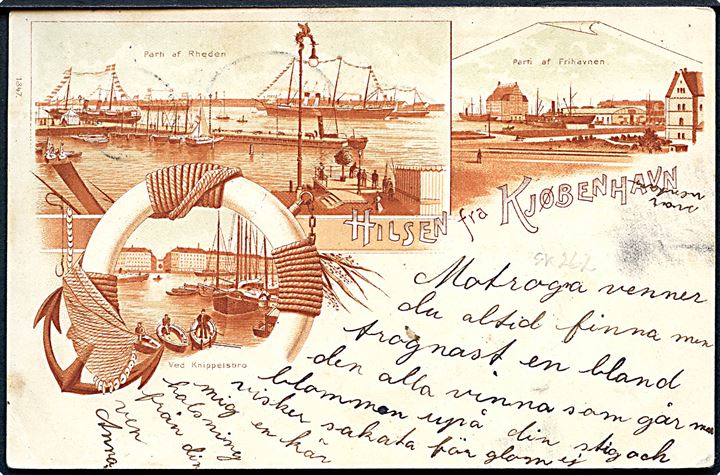 5 øre Chr. IX på brevkort (Hilsen fra Kjøbenhavn) annulleret med stjernestempel EMDRUP og sidestemplet Kjøbenhavn L. d. 13.8.1906 til Ulfö, Sverige.