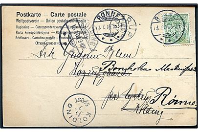 5 øre Våben på brevkort fra Rønne d. 13.7.1904 til Ejstrup pr. Kolding. Eftersendt til Rønne med stjernestempel EJSTRUP.