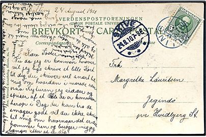 5 øre Fr. VIII på brevkort annulleret med stjernestempel BALLING og sidestemplet Skive d. 24.8.1910 til Jegindø pr. Hvidbjerg St.