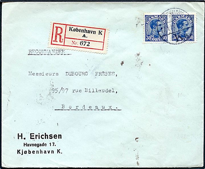 30 øre Chr. X i parstykke på anbefalet brev fra København d. 27.1.1926 til Bordeaux, Frankrig.