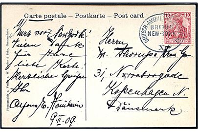 10 pfg. Germania på brevkort (S/S Kronprinzessin Cecilie) dateret d. 9.2.1909 og annulleret med ovalt skibsstempel Deutsch-Amerikanische Seepost Bremen - New York X (uden dato) til København, Danmark.