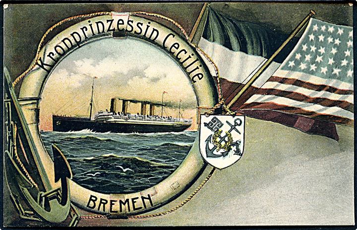 10 pfg. Germania på brevkort (S/S Kronprinzessin Cecilie) dateret d. 9.2.1909 og annulleret med ovalt skibsstempel Deutsch-Amerikanische Seepost Bremen - New York X (uden dato) til København, Danmark.