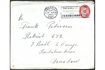 20 øre helsagskuvert (fabr. 59) fra København d. 18.9.1943 til interneret soldat ved 7. Batl. 5. Komp. Garderkasernen i Næstved. Brevet kunne have været sendt ufrankeret som Interneret Forsendelse.