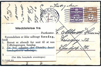 7 øre og 10 øre Bølgelinie på lokalt søndagsbrevkort fra København d. 22.6.1941 (søndag) til Gentofte. Påsat meddelelse fra Postkontoret - F.7 (1-40 A8) - vedr. afsendt for sent til udbringning søndag.