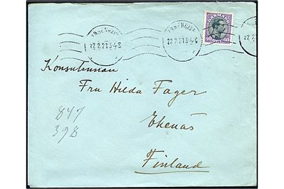 40 øre Chr. X single på brev fra København d. 22.2.1921 til Ekenäs, Finland. Brevtaksten til Finland var som Øvrige udland indtil d. 1.6.1922, hvorefter den blev nedsat til at følge taksten til Norden.