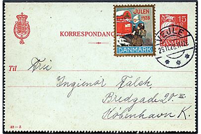 15 øre Karavel helsags korrespondancekort (fabr. 52-Z) med Julemærke 1928 stemplet Vejle d. 29.11.1928 til København.