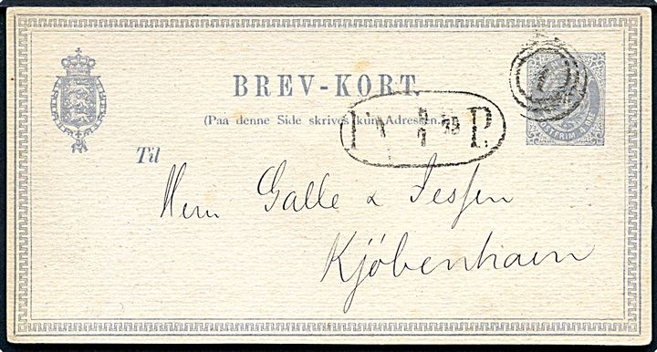 4 øre helsagsbrevkort dateret Kalundborg d. 8.7.1875 fremsendt med dampskibet Ydun og sendt lokalt i København med fodpost. Annulleret med nr.stempel 1 og sidestemplet F:P: d. 9.7.1875. Iflg. meddelelse er der tilbagesendt 4 Daaser med dampskibet Ydun, som i årene 1871-1887 bl.a. besejlede ruten København -Kalundborg - Ebeltoft - Snaptun - Horsens.