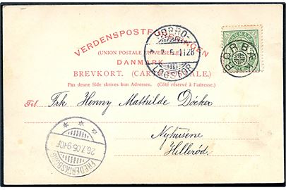 5 øre Våben på brevkort annulleret med stjernestempel RØRBÆK og sidestemplet bureau Hobro - Løgstør T.1128 d. 2?.7.1905 til Hillerød.